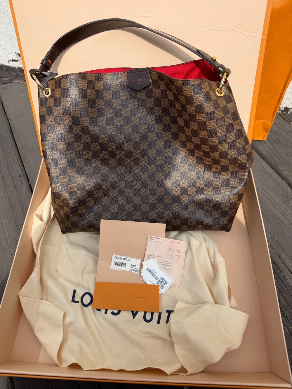 Louis Vuitton Damier Ebene Shoulder Hobo with Red Interior